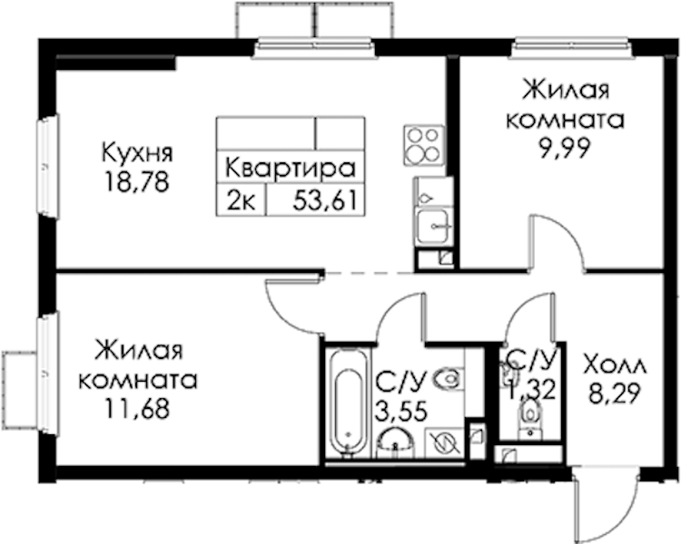 2-комнатная квартира 53.61 м², 14/15 эт., ЖК «Янинский лес»